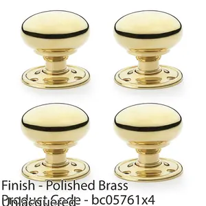 4 PACK - SOLID BRASS Mortice Smooth Mushroom Door Knob - Polished Brass 51mm Diameter