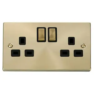 Satin / Brushed Brass 2 Gang 13A DP Ingot Twin Double Switched Plug Socket - Black Trim - SE Home