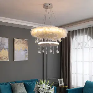 Double Round Liner Feather LED Pendant Light Chandelier with Crystal in White Light