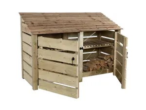 Slatted wooden log store with door and kindling shelf W-187cm, H-126cm, D-88cm - natural (light green) finish