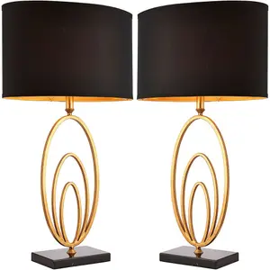 2 PACK Modern Table Lamp Light Gold Ring & Black Marble Square Base Round Shade