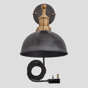 Industville Brooklyn Dome Wall Light, 8 Inch, Pewter, Brass Holder