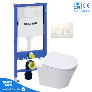 White Wall Hung Toilet Pan with Geberit Concealed Cistern Frame 112cm & Delta25 White Flush Plate