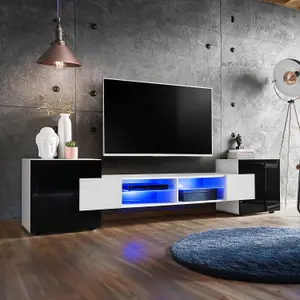 Bridge Wide TV Unit with Storage & Led Lighting - Black Gloss / White Matt