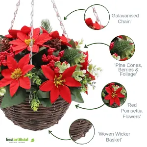 Pair of Best Artificial 28cm Red Poinsettia Christmas Hanging Basket - Suitable for Outdoor Use - Weather & Fade Resistant