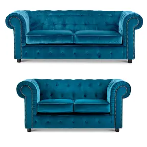 Ashbourne Chesterfield Indigo Blue Velvet Fabric Sofa Suite 3 Seater and 2 Seater Studded Design