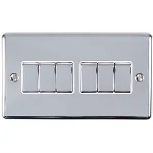 6 Gang Multi Light Switch POLISHED CHROME 2 Way 10A White Trim & Metal Rocker