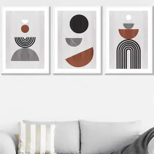 Set of 3 Black Grey Terracotta Abstract Mid Century Geometric Wall Art Prints / 50x70cm / White Frame