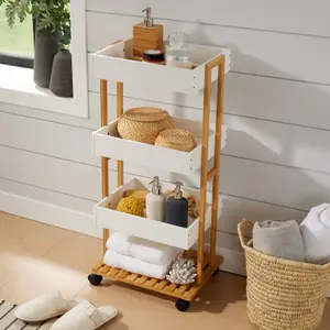 Home Source Oxford Bamboo 4 Tier White Utility Trolley Kitchen Bathroom Organiser Unit