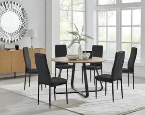 Furniturebox UK Santorini Brown Round Round Dining Table And 6 Black Milan Black Leg Chairs