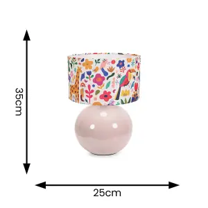 ValueLights Bosco Stone Natural Ceramic Table Lamp with Jungle Print Drum Shade - LED Bulb Included