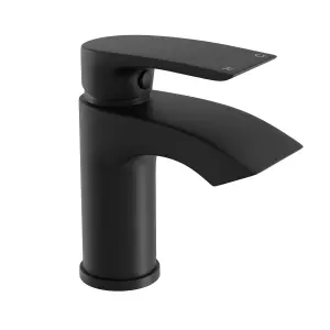 Bubly Bathrooms™ Bathroom Luxury Waterfall Black Matt Basin Sink Mono Mixer Single Lever Tap & Waste