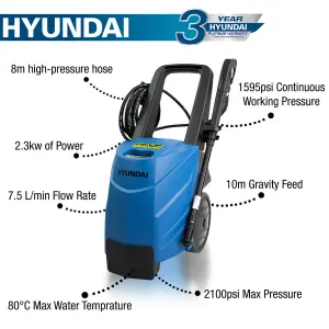 Hyundai 2100psi / 145bar Hot Pressure Washer, 80 Degree, 2.3kW Power Washer HY145HPW-1