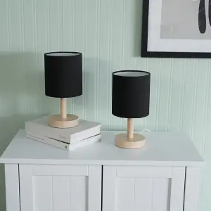 ValueLights Nelly Set of 2 - Natural Wood Base Bedside Table Lamps with Black Cylinder Lampshade - LED Bulbs Included