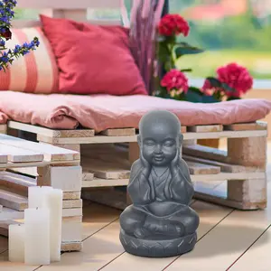 Buddha Statue Indoor and Outdoor, Grey Stone Effect Feng Shui Ornament, Buddha Baby Monk Figurine L20 W17 H35 cm