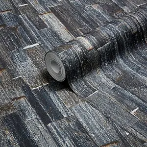 GoodHome Gunes Charcoal Stone effect Textured Wallpaper Sample