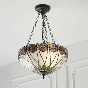 Tiffany Glass 3 Ceiling Light Pendant - Mackintosh Style Rose - Dark Bronze Finish