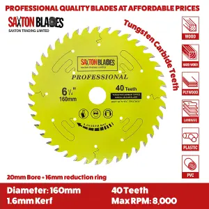 Saxton TCT16040TPRO Professional Range TCT Circular Blade 160mm x 40 Teeth x 20mm bore 16mm ring