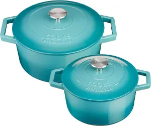 Cast Iron Casserole Set of 2 20cm & 26cm / 2.8L & 5.8L Dishes Oven Proof Enamelled Cast Iron Pans with Lids