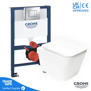 Square Rimless Wall Hung Toilet WC Pan with GROHE 0.82m Concealed Cistern Dual Flush  Frame - Chrome