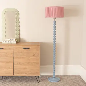 ValueLights Bobbins Powder Blue Floor Lamp with Ruched Pleated Blush Pink Drum Shade