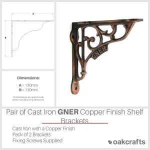 Oakcrafts -Pair of GNER Shelf Brackets Antique Cast Iron with a Copper Finish - 130mm x 130mm