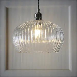 Hanging Ceiling Pendant Light - Bright Nickel Plate & Clear Ribbed Dome Glass - 10W LED E27