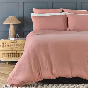 Duvet Cover & Pillowcase Set - Terracotta Orange - Muslin Cotton - Double