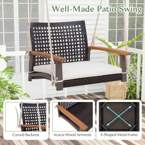 Costway Rattan Porch Swing Chair Patio Wicker Single Hanging Seat w/ Ropes