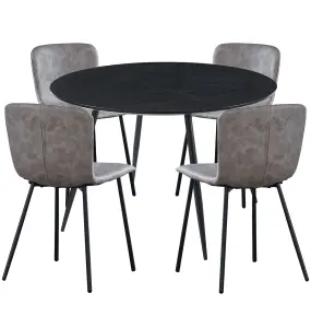 Hallowood Furniture Cullompton Large Round Black Dining Table 120cm with 4 Grey Leather Effect Chairs