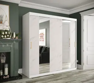 Modern White Geneva Sliding Door Wardrobe W2000mm H2000mm D620mm - Mirrored Doors, Gold Handles, Ample Storage