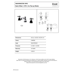 RAK Washington Polished Chrome Traditional 3 Hole Basin Mixer Tap