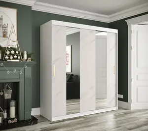 Elegant White Geneva Sliding Door Wardrobe W1800mm H2000mm D620mm - Mirrored Doors, Gold Handles, Large Capacity