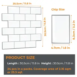 3D Tile Stickers Peel & Stick Backsplash London Metro Classic Brick Brilliant White 24 Sheets 30.5cm(12")