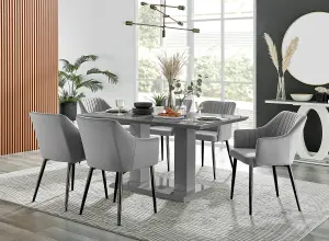 Imperia Grey High Gloss 6 Seater Dining Table with Structural 2 Plinth Column Legs 6 Grey Velvet Black Leg Calla Art Deco Chairs