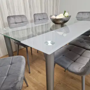 Grey Clear Glass Dining Table With 6 Grey Tufted Velvet Chairs Dining Set