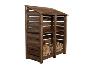 Slatted wooden log store with kindling shelf W-146cm, H-180cm, D-88cm - brown finish