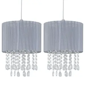 First Choice Lighting Set of 2 Voile 25cm Jewelled Grey Ribbon Pendant Shades