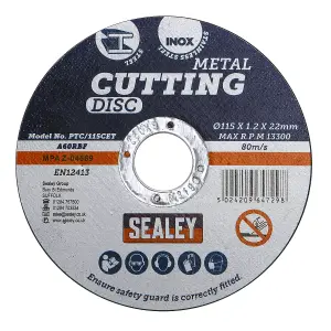 Sealey Flat Cutting Disc 115 x 1.2mm 22mm Bore Pack of 50 Pieces PTC115CET50