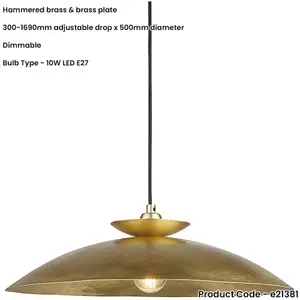 Hanging Ceiling Pendant & 2x Matching Wall Lights - Brass Hammered Dimmable Set