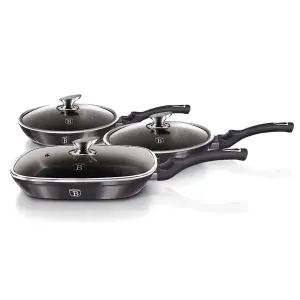 BERLINGER HAUS Carbon Pro 3pcs Frying Grill Pan Aluminium Non Stick Marble Coating Metallic