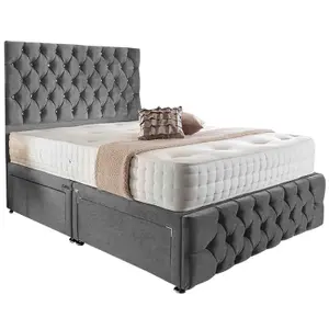 Merina Divan Bed Set with Tall Headboard and Mattress - Chenille Fabric, Silver Color, 2 Drawers Left Side