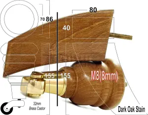 2x DARK OAK STAIN 155mm HIGH WOOD FURNITURE LEGS WITH BRASS CASTOR & 2 CURVED BACK FEET SETTEE CHAIRS, SOFAS M8 TSP2007