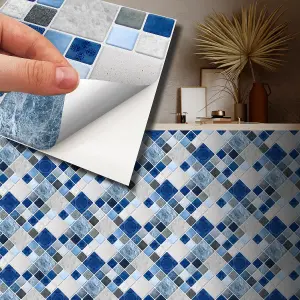 Walplus Stone Selection Blue And Grey Mosaic Wall Metallic Tile Sticker Set Multipack 48Pcs