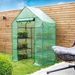 Walk-In Greenhouse with PE Cover, 4 Shelves & Zip Up Door - Green Foldaway Outdoor Garden Grow House - H195 x W143 x D75cm