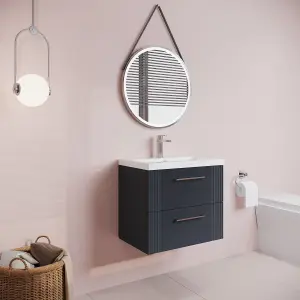 Retro 2 Drawer Wall Hung Vanity Unit with Mid-Edge 1 Tap Hole Ceramic Basin - 600mm - Satin Soft Black - Balterley