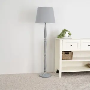 ValueLights Victoria Traditional White Wood Candlestick Floor Lamp with Grey Tapered Shade