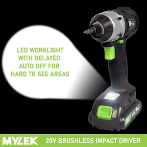 Mylek Cordless Li-ion Impact Drill Driver 20V Brushless, Variable Speed (0-2400RPM), 280Nm, 0-3200BPM, 2000Ah Battery