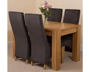 Kuba 125 x 80 cm Chunky Oak Small Dining Table and 4 Chairs Dining Set with Lola Black Fabric Chairs