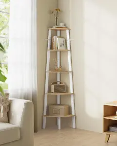 VASAGLE Corner Shelf, Bookcase with 5 Tiers, Ladder Shelf, Storage Shelf, with Steel Frame, Natural Oak Matte White